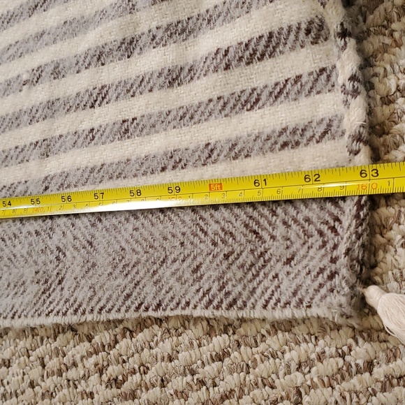 Soft knit poncho shawl 45 x 63 inches, striped, with fringe, ecru, brown, grey - Picture 6 of 6